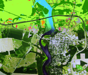 Land cover data image of Denton, MD generated by the Chesapeake Conservancy's Conservation Innovation Center. Light green: low vegetation (e.g. grass, fields) Dark green: tree canopy Orange: bare earth (e.g. baseball field) Black: roads Grey: non-road impervious surface (e.g. sidewalk, parking lot) Red: structures Blue: water Turquoise: emergent wetlands